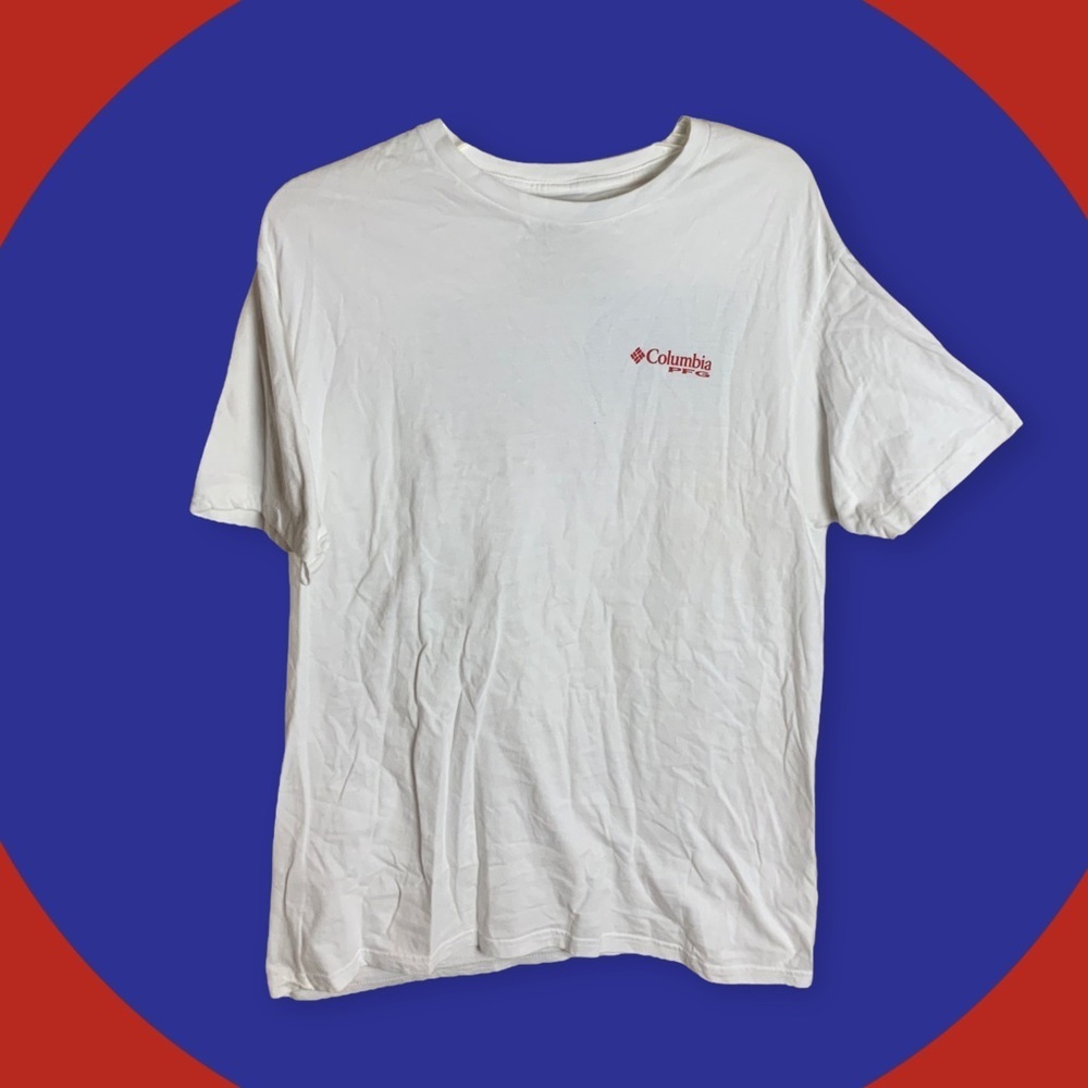 Columbia PFG White w Red White Blue Fish Flag Men L (May Fit Like Medium)